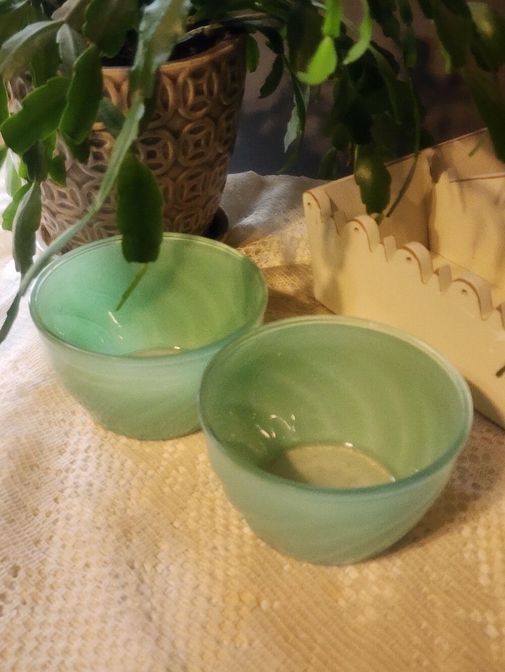 Vintage Glasbake Sue Bee Honey Swirl Bowls Jade Green Set of 2
